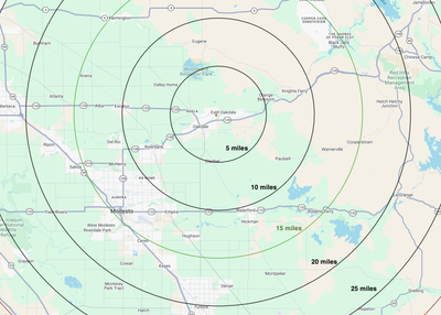 Service area map of 20-25 miles around Oakdale
